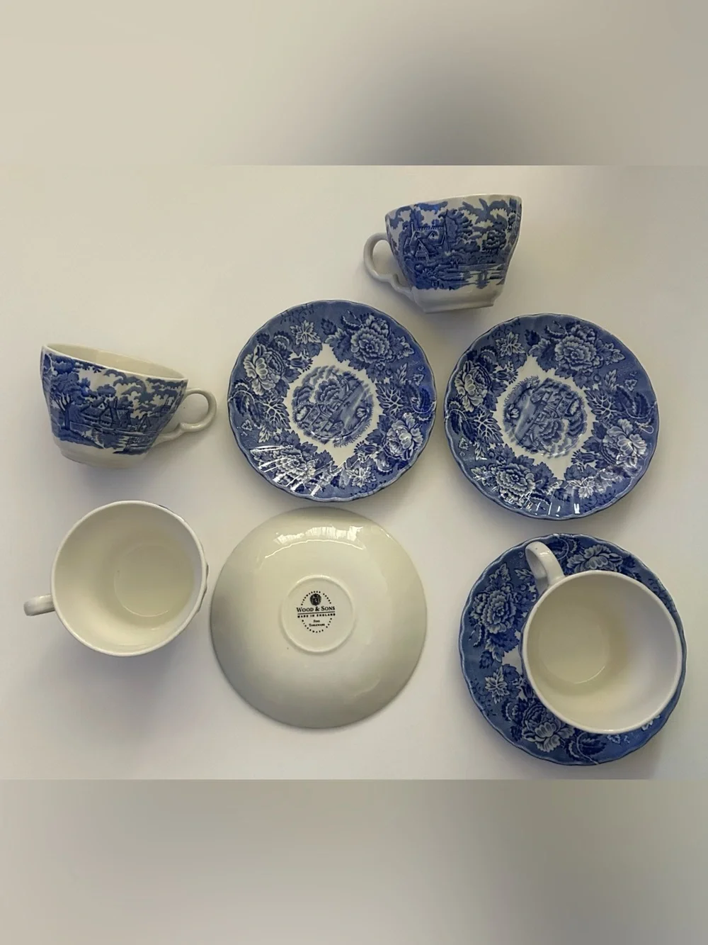 Wood & Sons Blue and White 12 piece Transferware Tea Cup and Saucer Set